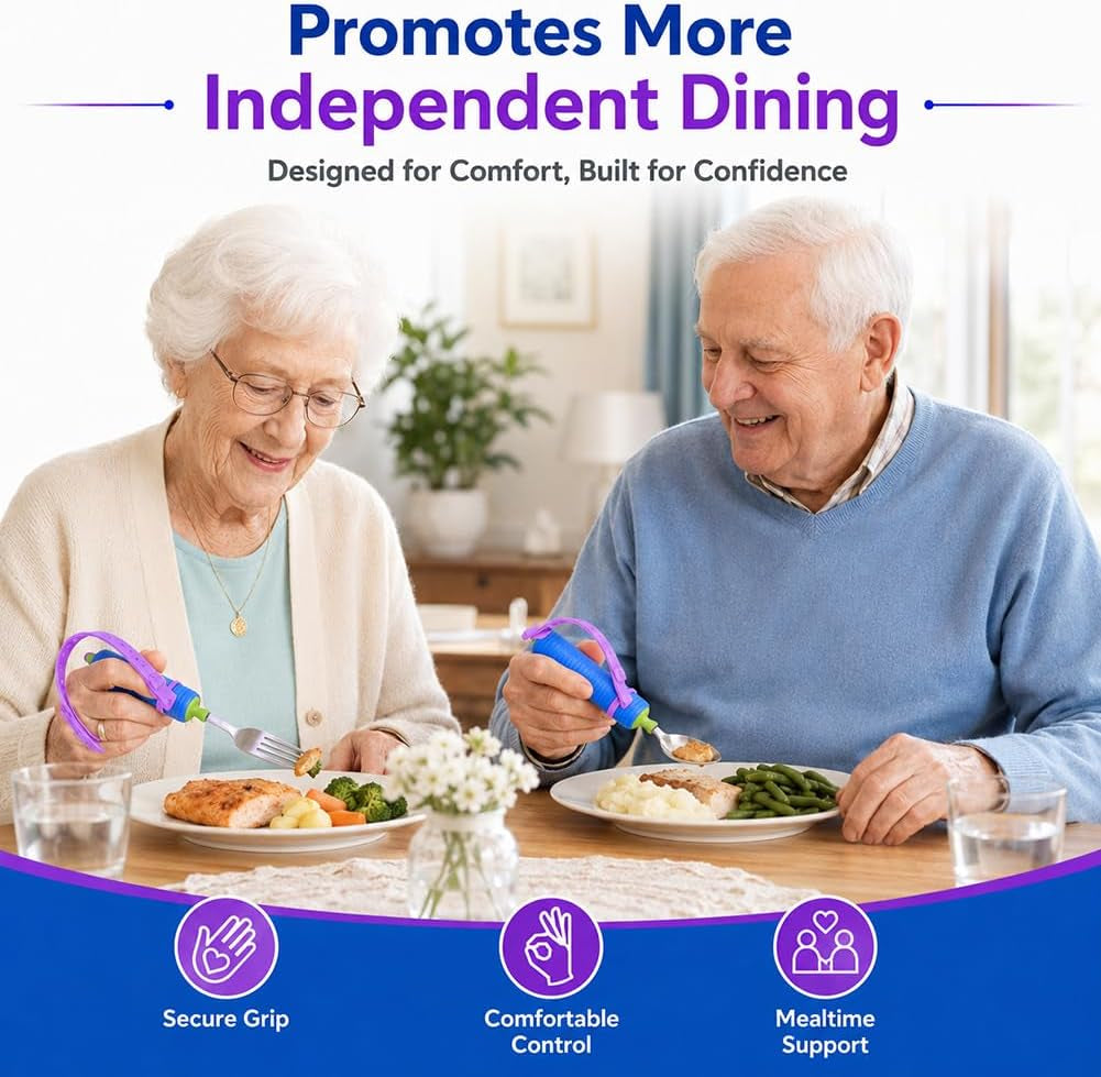 Adaptive Utensils Set for Hand Tremors, Arthritis & Parkinson'S | 360° Rotating Fork & Spoon, Adjustable Silicone Strap, Non-Slip Easy Grip, Hollow Handle for Custom Weight Support
