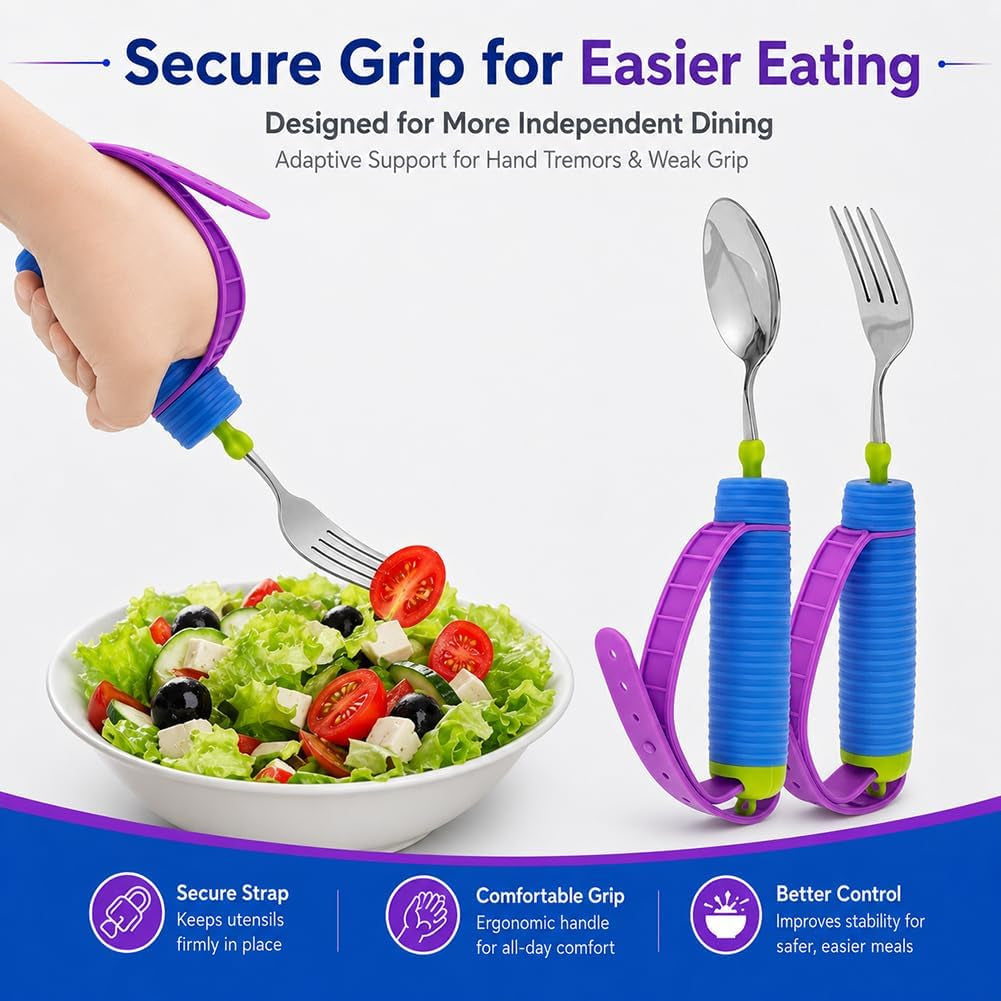 Adaptive Utensils Set for Hand Tremors, Arthritis & Parkinson'S | 360° Rotating Fork & Spoon, Adjustable Silicone Strap, Non-Slip Easy Grip, Hollow Handle for Custom Weight Support