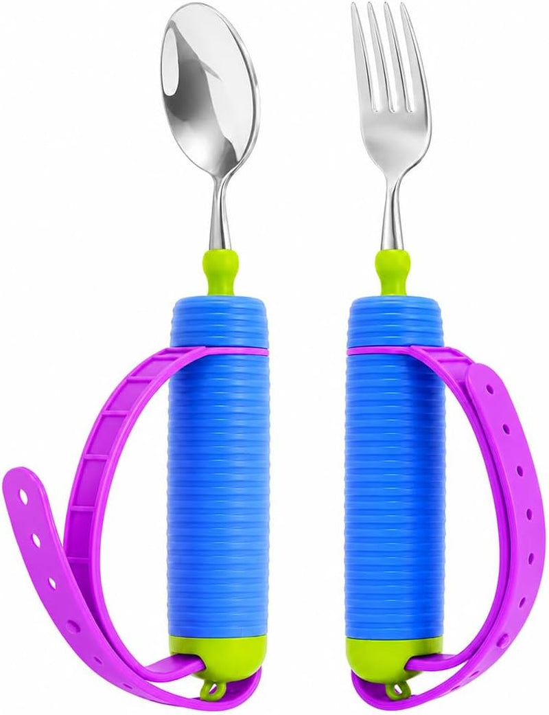 Adaptive Utensils Set for Hand Tremors, Arthritis & Parkinson'S | 360° Rotating Fork & Spoon, Adjustable Silicone Strap, Non-Slip Easy Grip, Hollow Handle for Custom Weight Support