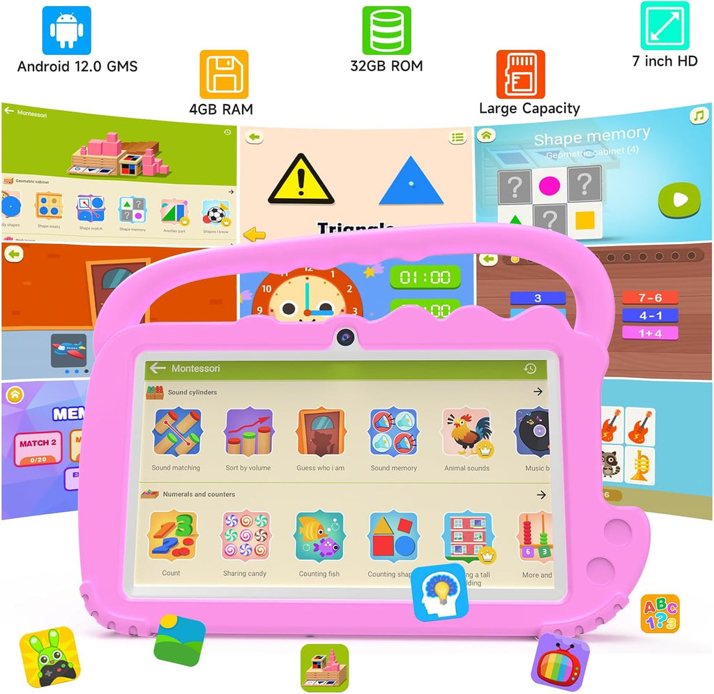 Kids Tablet 7IN Tablet for Kids Android Toddler 2GB RAM Wifi Pre Installed Parent Control Learning Education Dual Camera IPS Touch Screen Tablets (Pink)