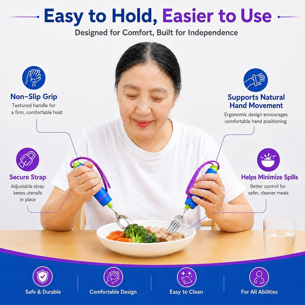 Adaptive Utensils Set for Hand Tremors, Arthritis & Parkinson'S | 360° Rotating Fork & Spoon, Adjustable Silicone Strap, Non-Slip Easy Grip, Hollow Handle for Custom Weight Support