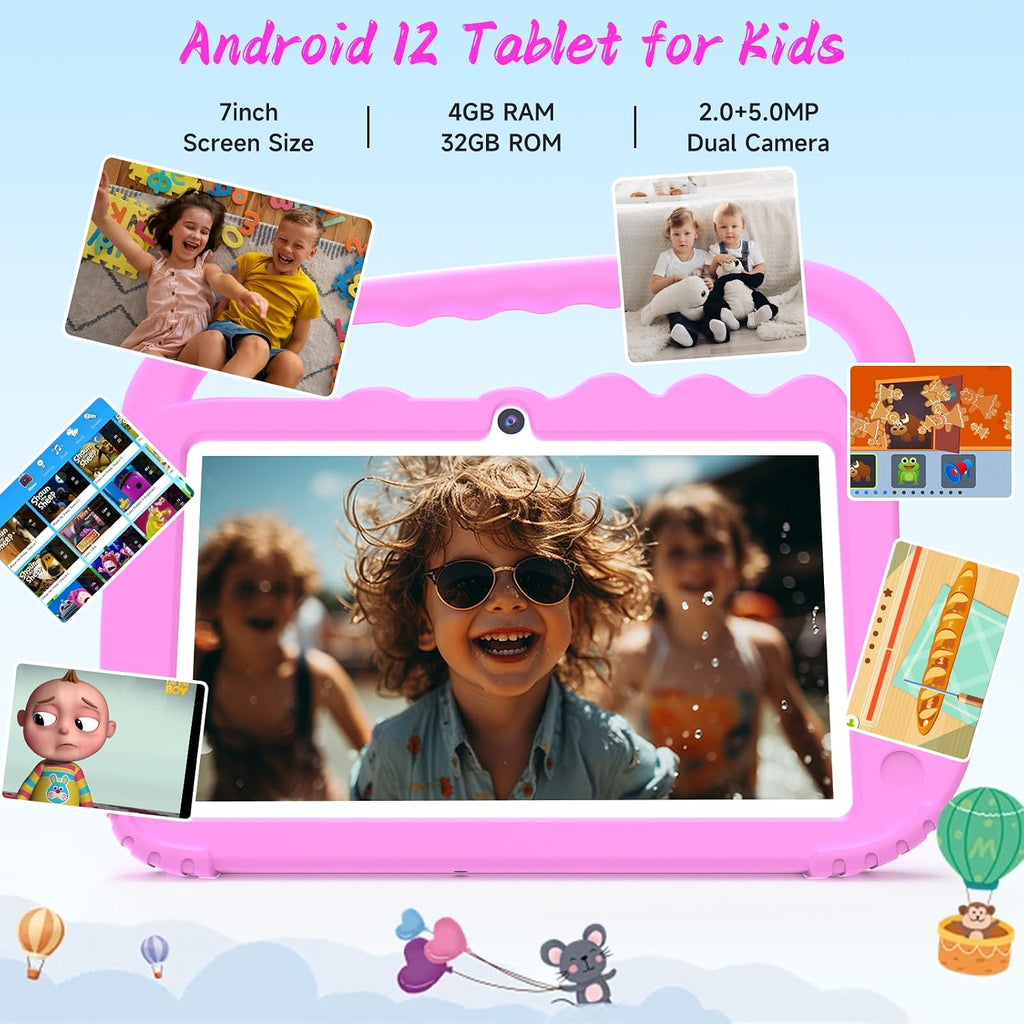 Kids Tablet 7IN Tablet for Kids Android Toddler 2GB RAM Wifi Pre Installed Parent Control Learning Education Dual Camera IPS Touch Screen Tablets (Pink)