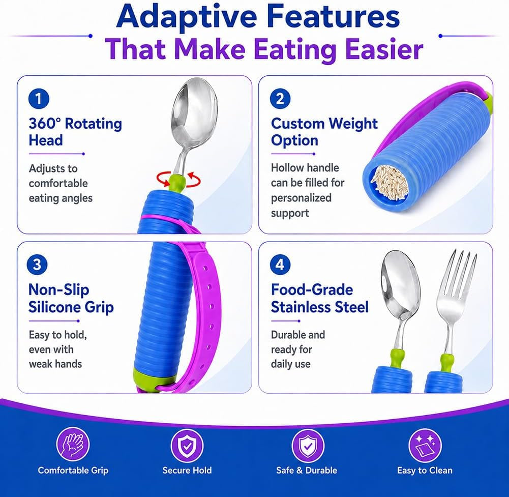 Adaptive Utensils Set for Hand Tremors, Arthritis & Parkinson'S | 360° Rotating Fork & Spoon, Adjustable Silicone Strap, Non-Slip Easy Grip, Hollow Handle for Custom Weight Support